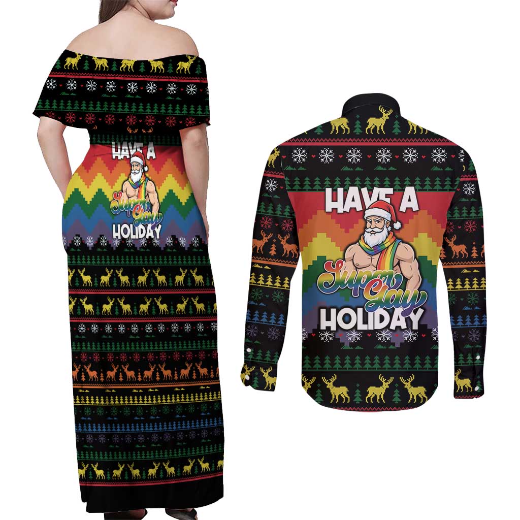 Have A Super Gay Holiday Christmas Couples Matching Off Shoulder Maxi Dress and Long Sleeve Button Shirt Xmas Holiday Patterns - Wonder Print Shop