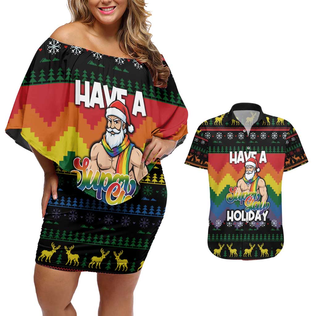 Have A Super Gay Holiday Christmas Couples Matching Off Shoulder Short Dress and Hawaiian Shirt Xmas Holiday Patterns - Wonder Print Shop