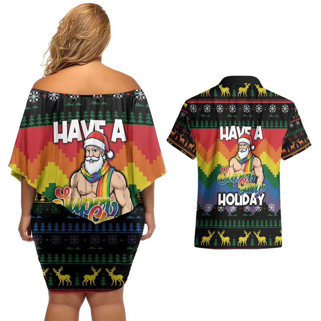 Have A Super Gay Holiday Christmas Couples Matching Off Shoulder Short Dress and Hawaiian Shirt Xmas Holiday Patterns - Wonder Print Shop