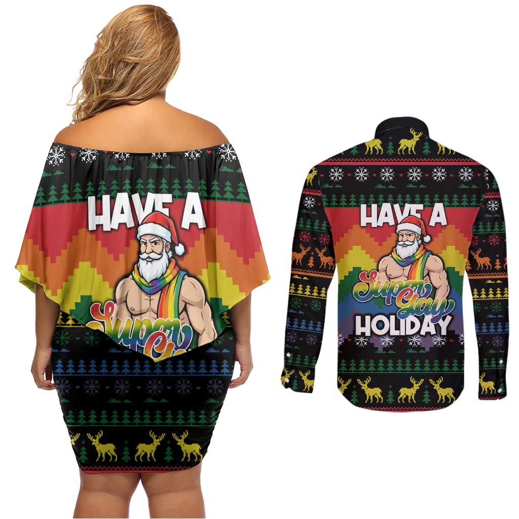 Have A Super Gay Holiday Christmas Couples Matching Off Shoulder Short Dress and Long Sleeve Button Shirt Xmas Holiday Patterns - Wonder Print Shop