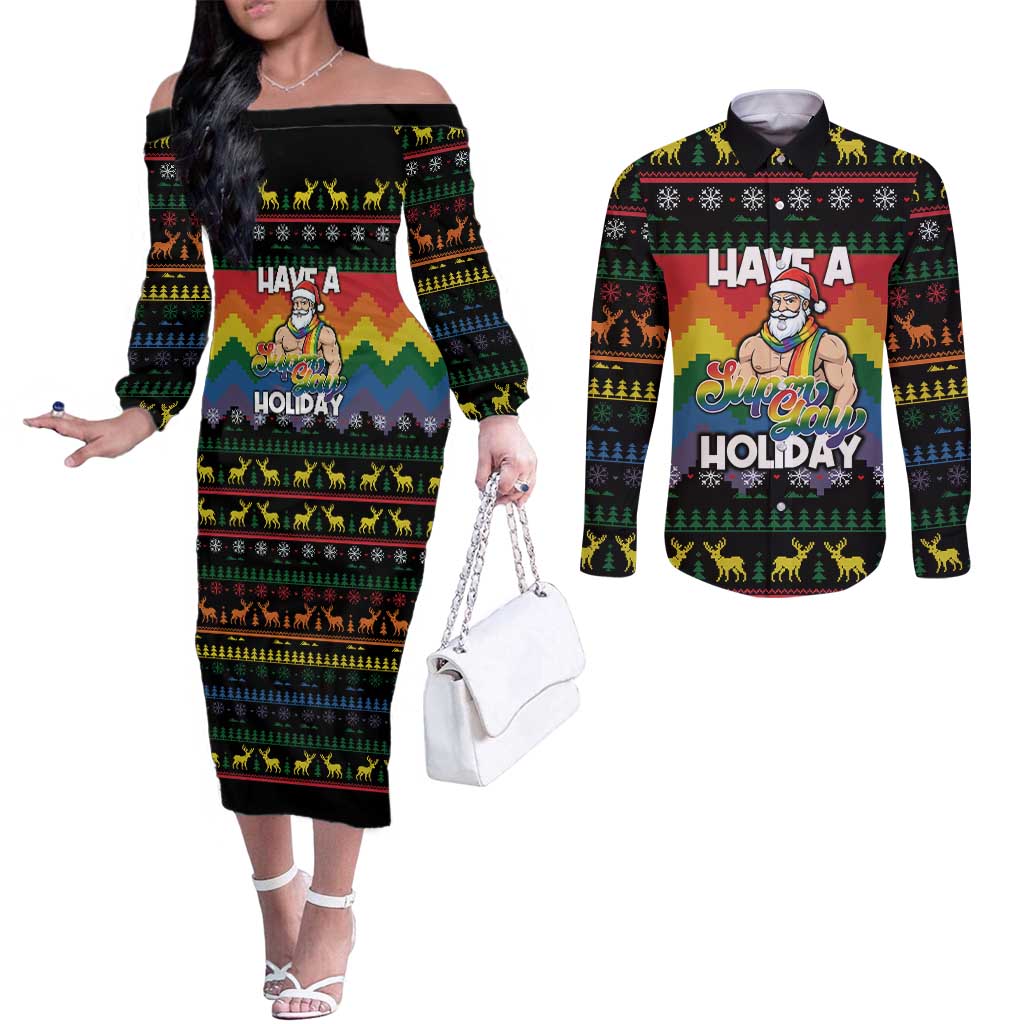 Have A Super Gay Holiday Christmas Couples Matching Off The Shoulder Long Sleeve Dress and Long Sleeve Button Shirt Xmas Holiday Patterns - Wonder Print Shop