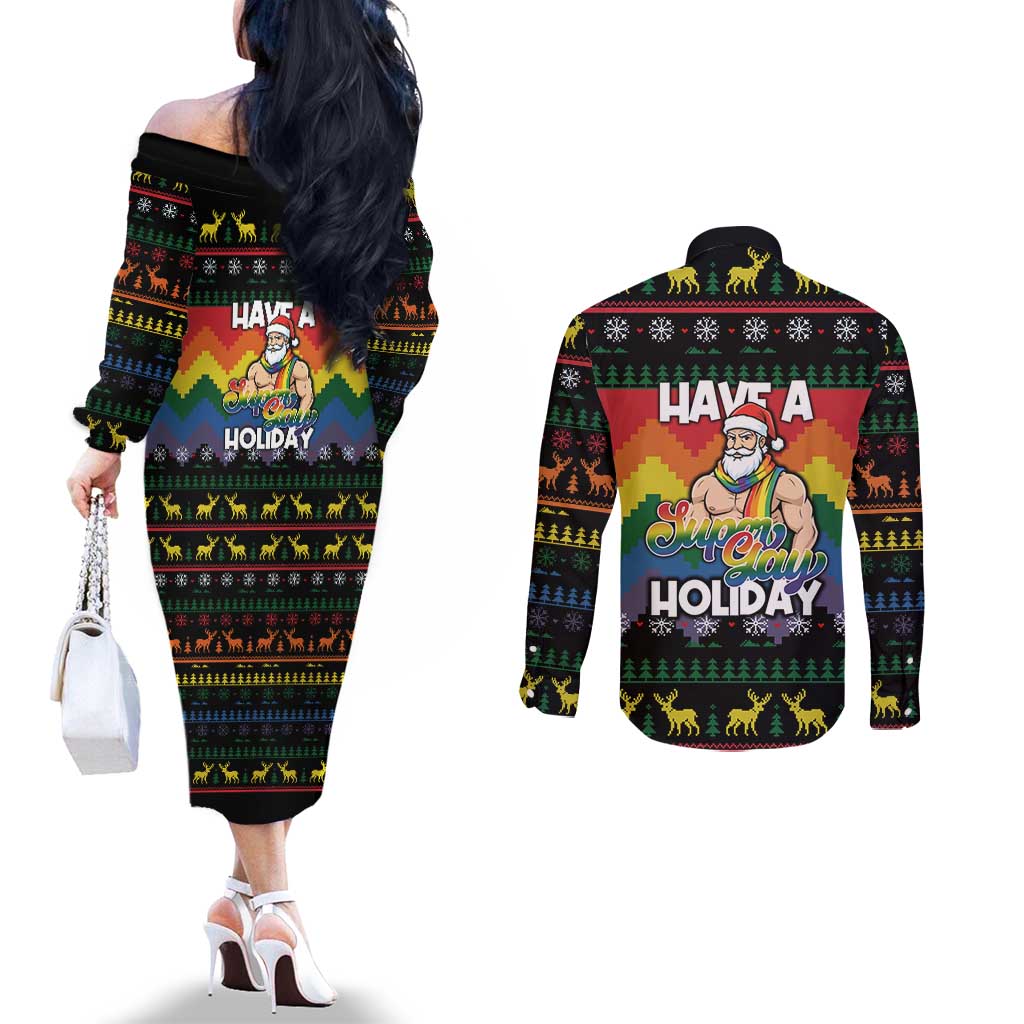 Have A Super Gay Holiday Christmas Couples Matching Off The Shoulder Long Sleeve Dress and Long Sleeve Button Shirt Xmas Holiday Patterns - Wonder Print Shop