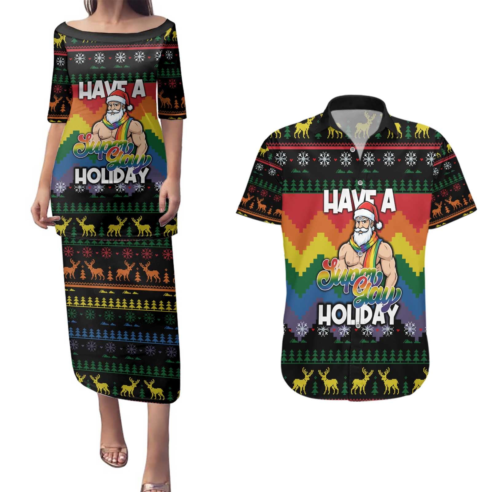 Have A Super Gay Holiday Christmas Couples Matching Puletasi and Hawaiian Shirt Xmas Holiday Patterns - Wonder Print Shop