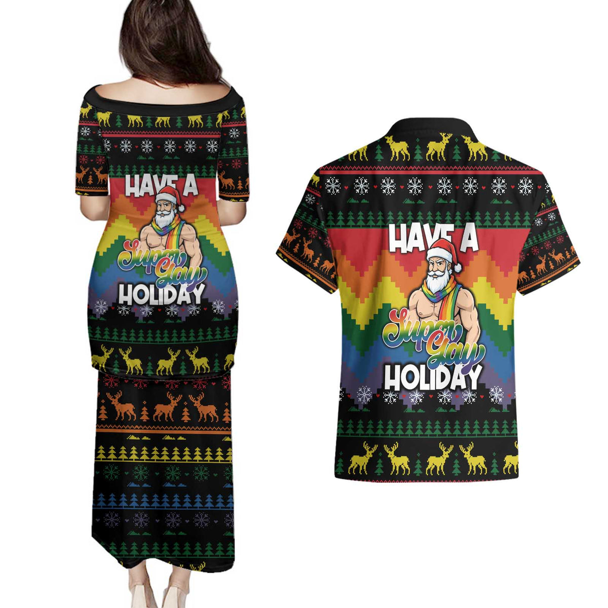 Have A Super Gay Holiday Christmas Couples Matching Puletasi and Hawaiian Shirt Xmas Holiday Patterns - Wonder Print Shop