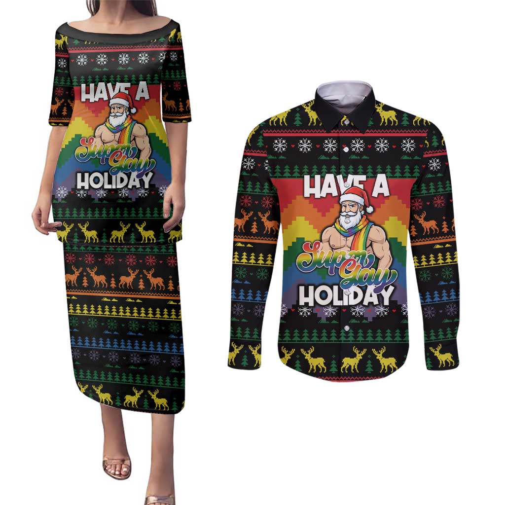Have A Super Gay Holiday Christmas Couples Matching Puletasi and Long Sleeve Button Shirt Xmas Holiday Patterns - Wonder Print Shop