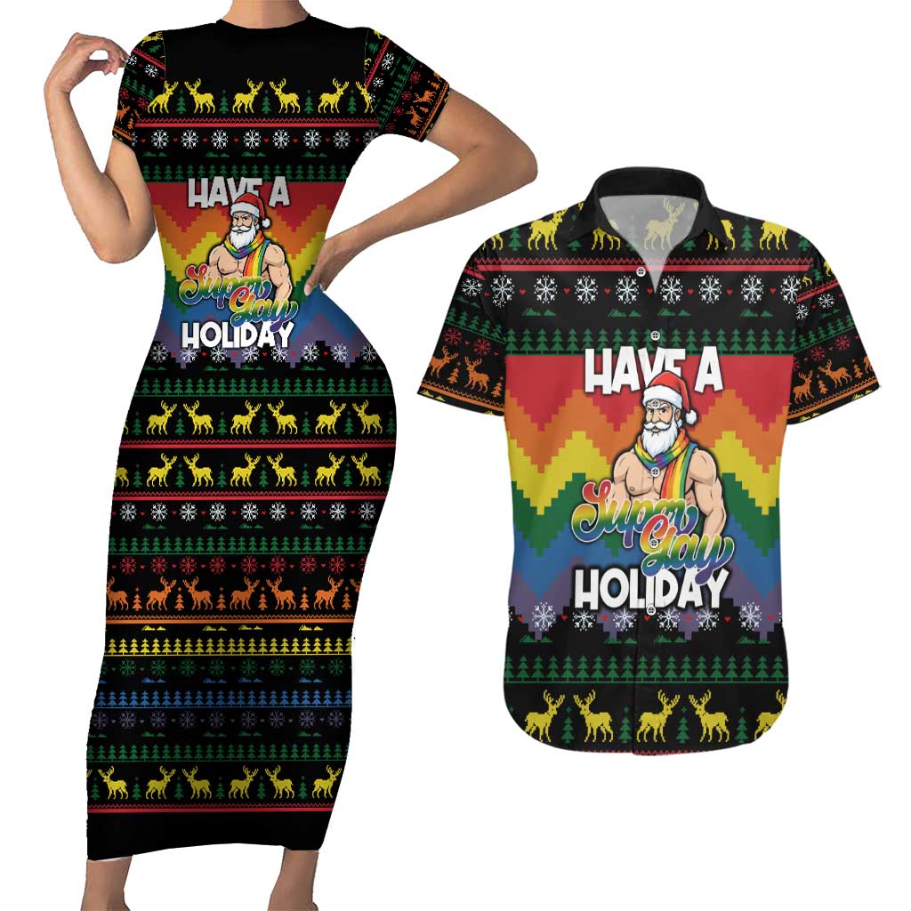 Have A Super Gay Holiday Christmas Couples Matching Short Sleeve Bodycon Dress and Hawaiian Shirt Xmas Holiday Patterns - Wonder Print Shop