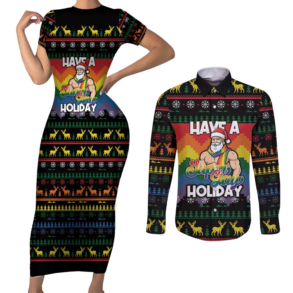 Have A Super Gay Holiday Christmas Couples Matching Short Sleeve Bodycon Dress and Long Sleeve Button Shirt Xmas Holiday Patterns - Wonder Print Shop