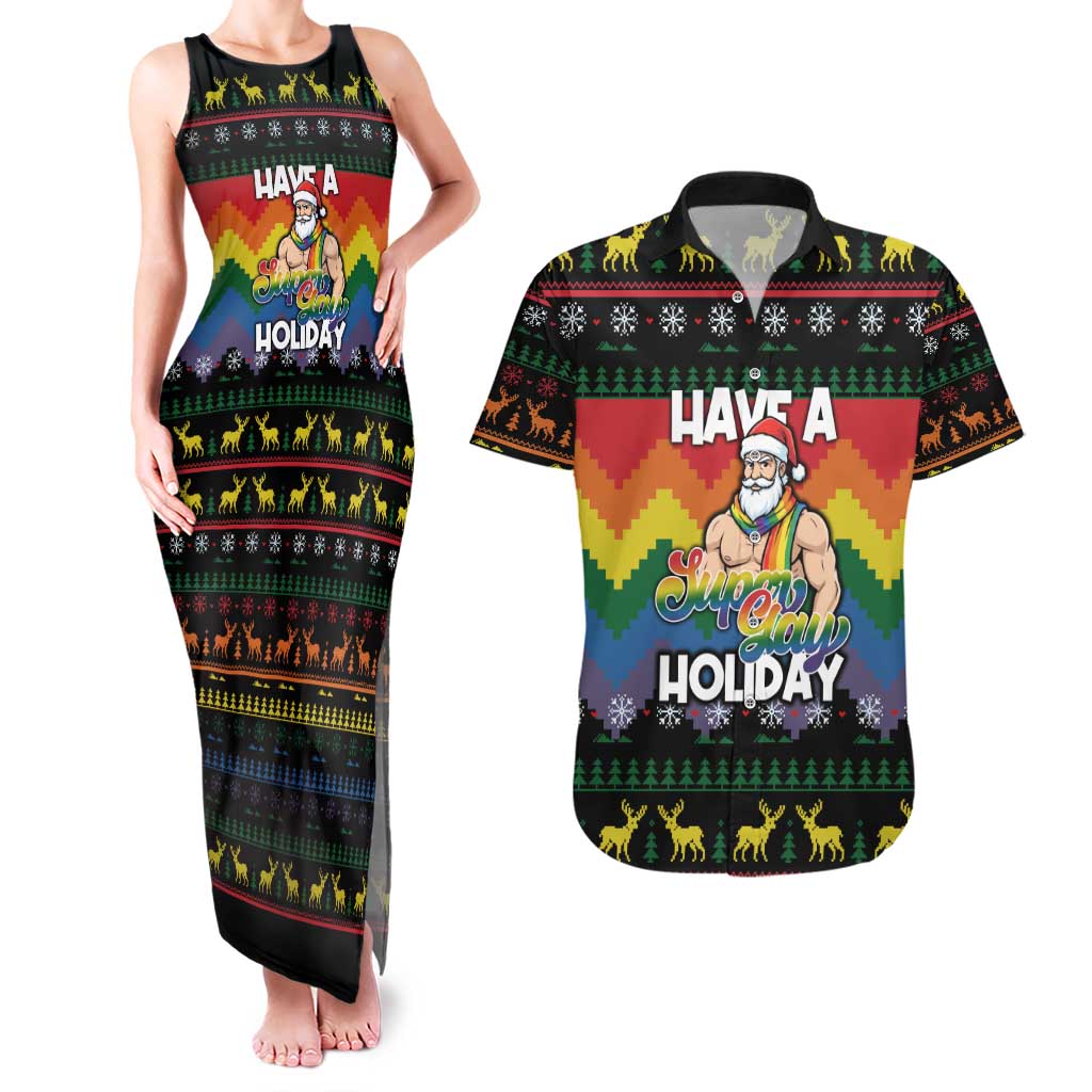 Have A Super Gay Holiday Christmas Couples Matching Tank Maxi Dress and Hawaiian Shirt Xmas Holiday Patterns - Wonder Print Shop