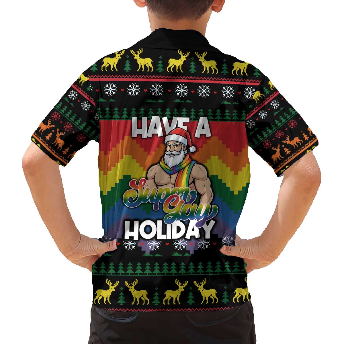 Have A Super Gay Holiday Christmas Family Matching Off The Shoulder Long Sleeve Dress and Hawaiian Shirt Xmas Holiday Patterns - Wonder Print Shop