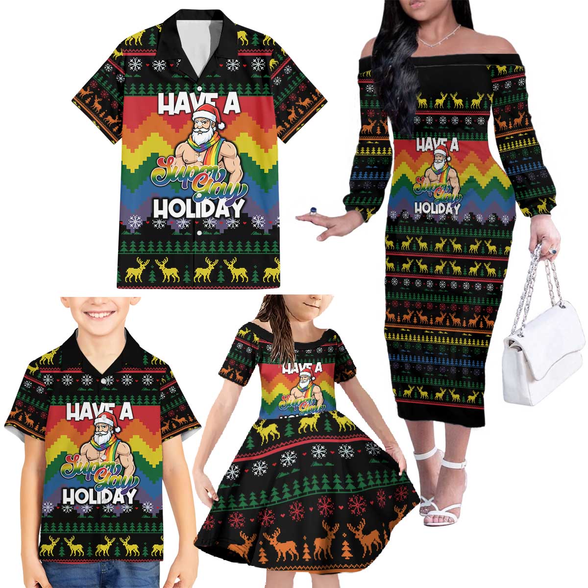 Have A Super Gay Holiday Christmas Family Matching Off The Shoulder Long Sleeve Dress and Hawaiian Shirt Xmas Holiday Patterns - Wonder Print Shop