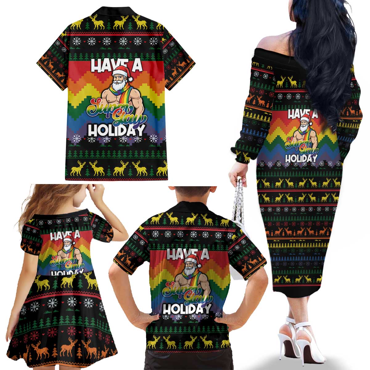 Have A Super Gay Holiday Christmas Family Matching Off The Shoulder Long Sleeve Dress and Hawaiian Shirt Xmas Holiday Patterns - Wonder Print Shop