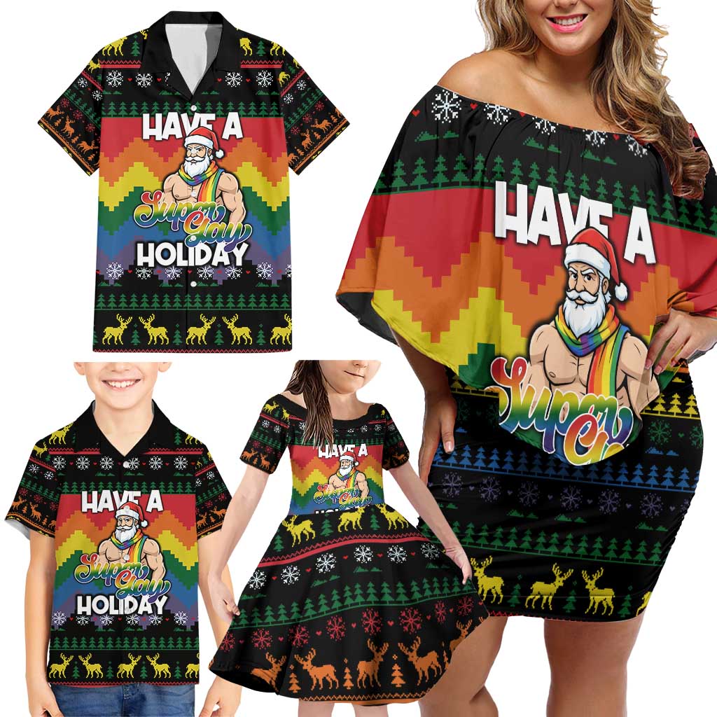 Have A Super Gay Holiday Christmas Family Matching Off Shoulder Short Dress and Hawaiian Shirt Xmas Holiday Patterns - Wonder Print Shop