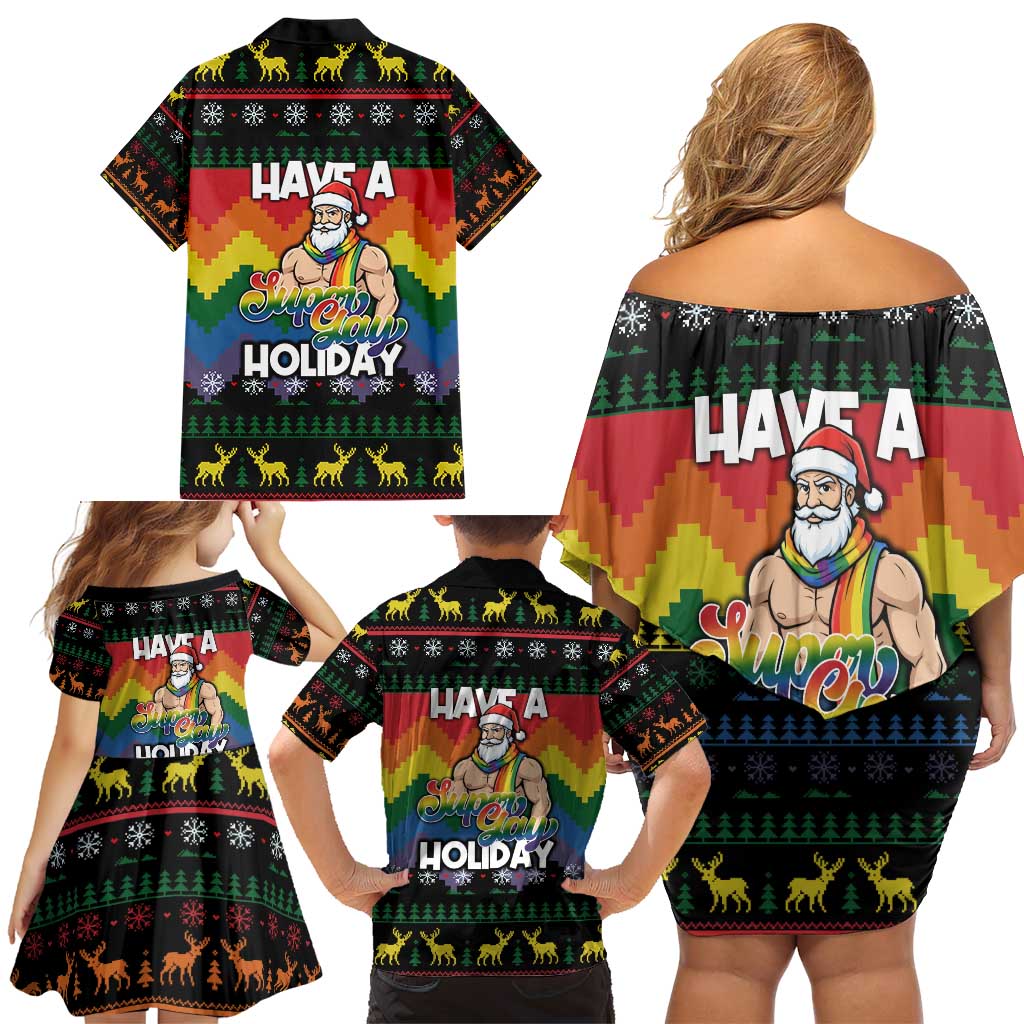 Have A Super Gay Holiday Christmas Family Matching Off Shoulder Short Dress and Hawaiian Shirt Xmas Holiday Patterns - Wonder Print Shop