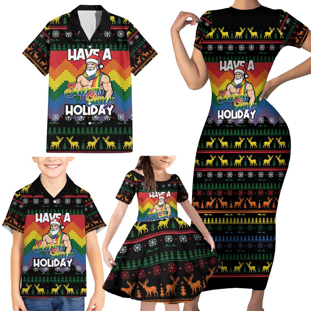 Have A Super Gay Holiday Christmas Family Matching Short Sleeve Bodycon Dress and Hawaiian Shirt Xmas Holiday Patterns - Wonder Print Shop