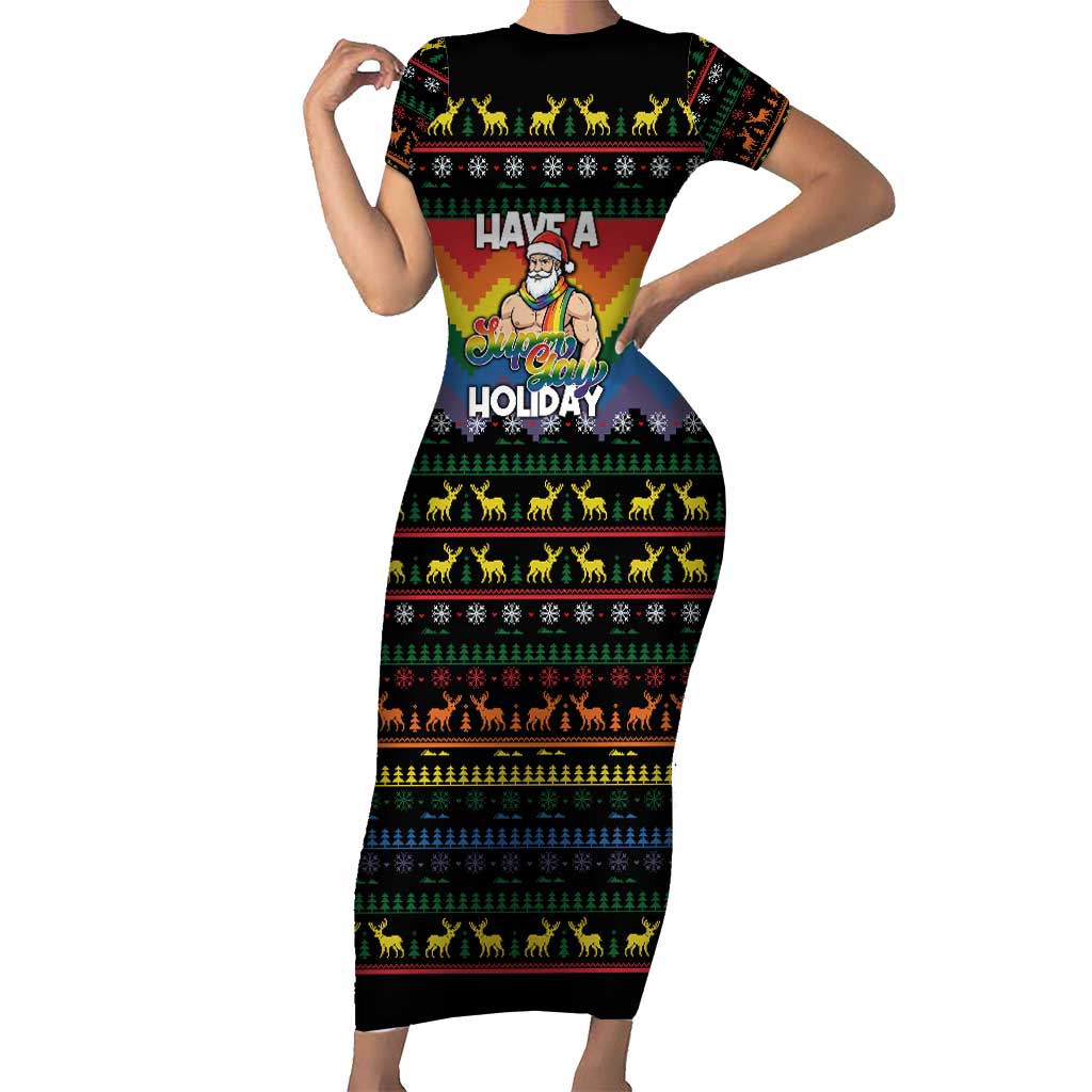Have A Super Gay Holiday Christmas Family Matching Short Sleeve Bodycon Dress and Hawaiian Shirt Xmas Holiday Patterns - Wonder Print Shop
