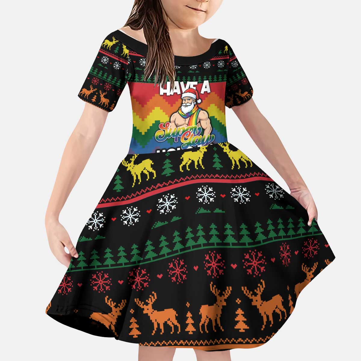 Have A Super Gay Holiday Christmas Kid Short Sleeve Dress Xmas Holiday Patterns - Wonder Print Shop