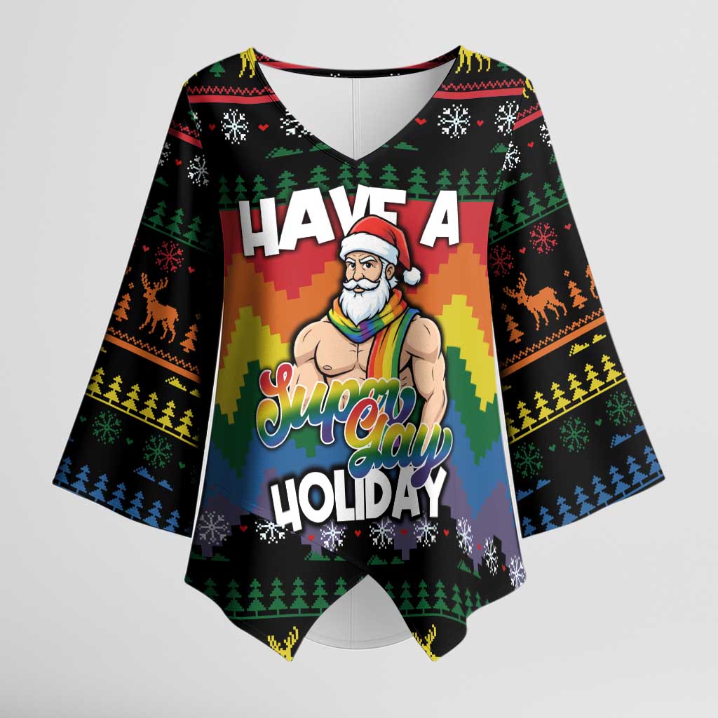 Have A Super Gay Holiday Christmas Kimono Sleeve Blouse Xmas Holiday Patterns - Wonder Print Shop