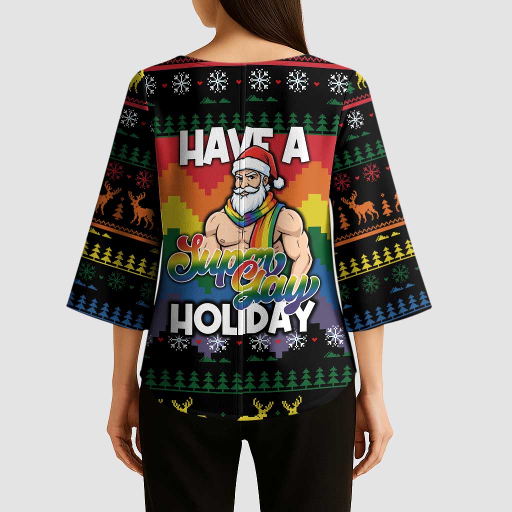 Have A Super Gay Holiday Christmas Kimono Sleeve Blouse Xmas Holiday Patterns - Wonder Print Shop