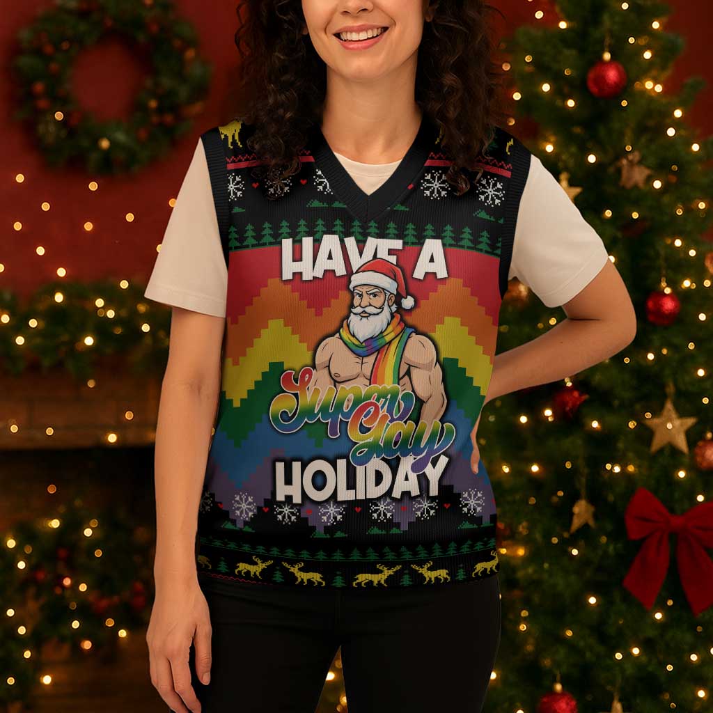 Have A Super Gay Holiday Christmas Knitted V-Neck Vest Xmas Holiday Patterns - Wonder Print Shop