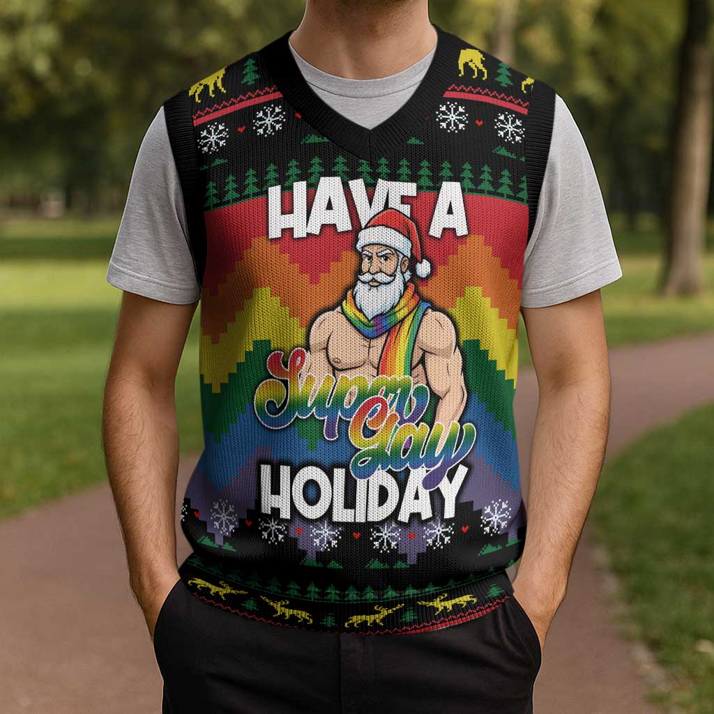 Have A Super Gay Holiday Christmas Knitted V-Neck Vest Xmas Holiday Patterns - Wonder Print Shop