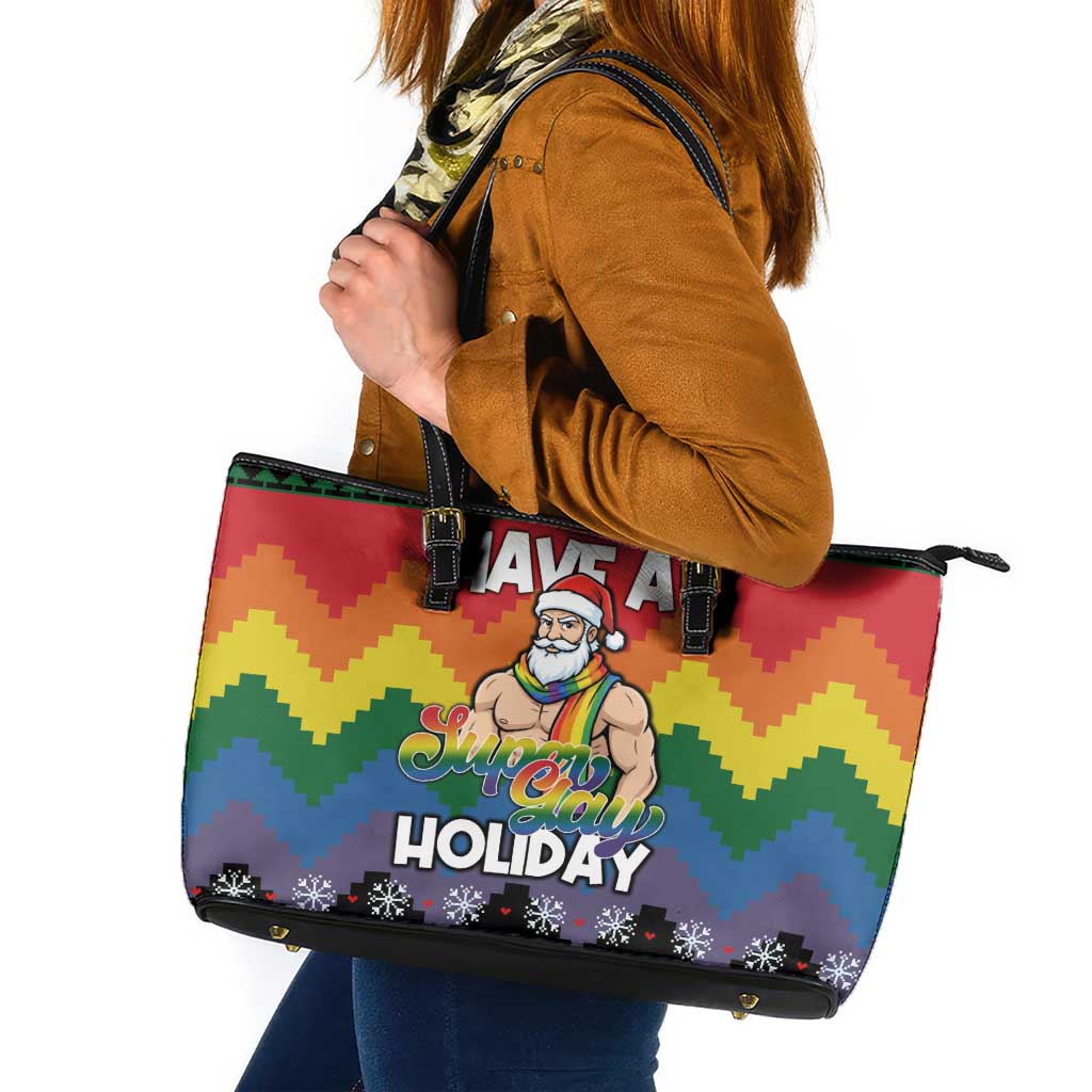 Have A Super Gay Holiday Christmas Leather Tote Bag Xmas Holiday Patterns - Wonder Print Shop