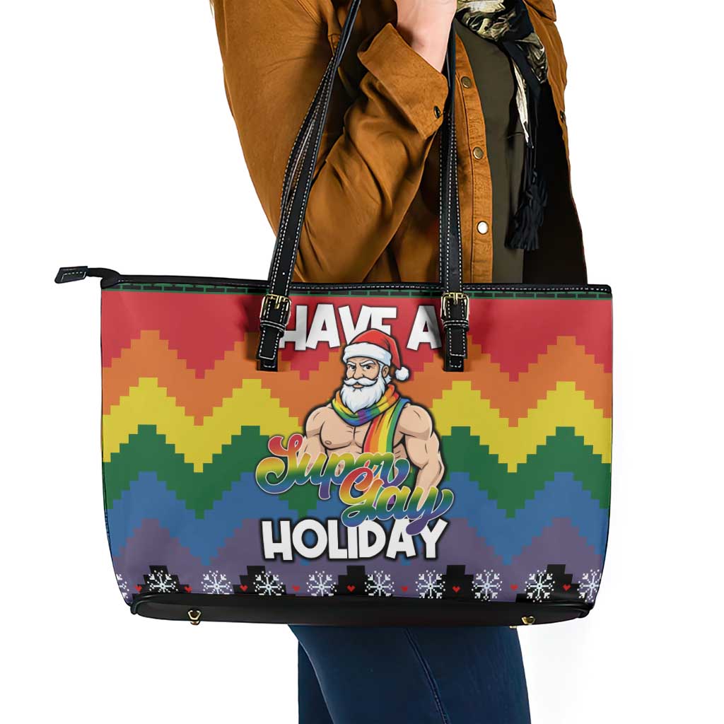 Have A Super Gay Holiday Christmas Leather Tote Bag Xmas Holiday Patterns - Wonder Print Shop