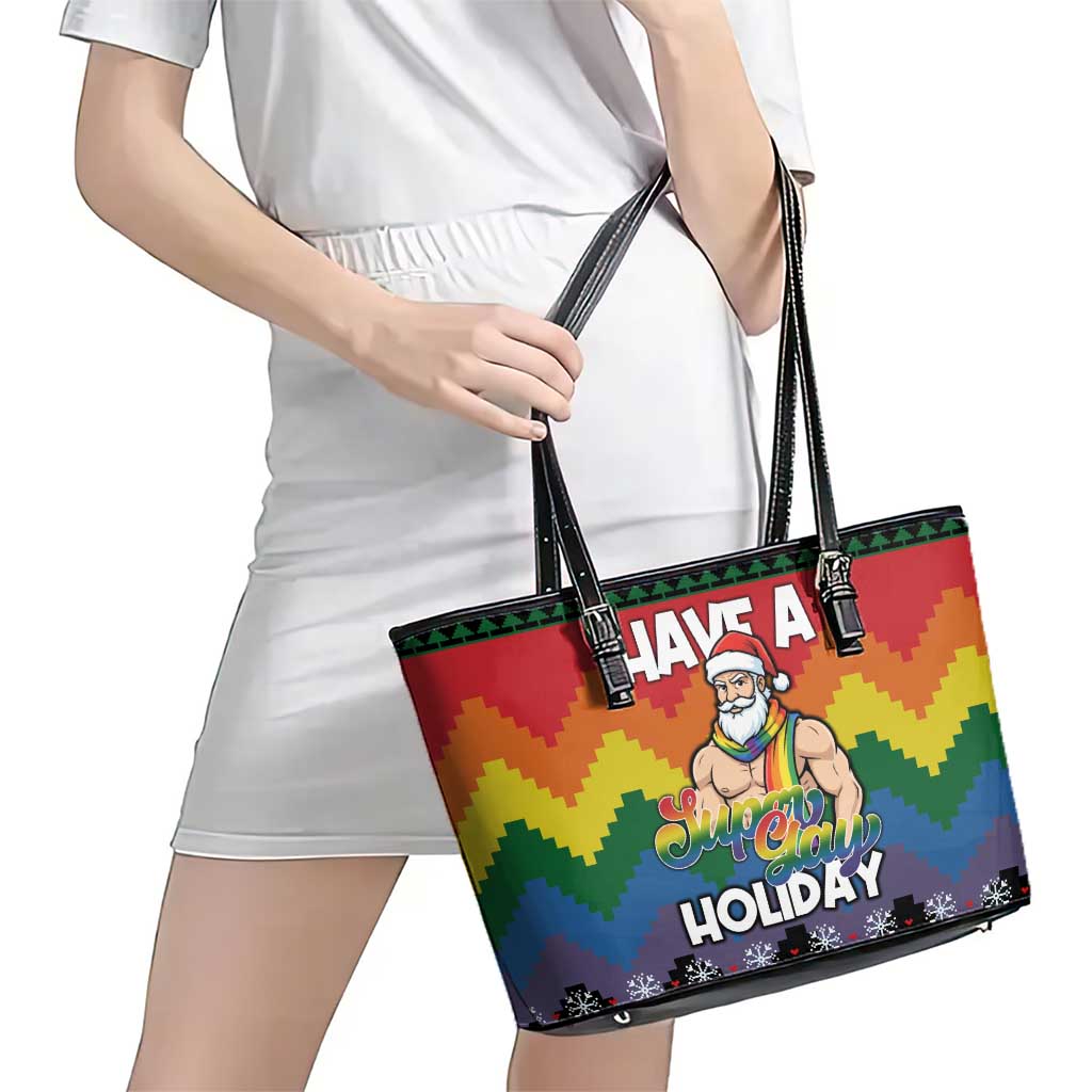 Have A Super Gay Holiday Christmas Leather Tote Bag Xmas Holiday Patterns - Wonder Print Shop