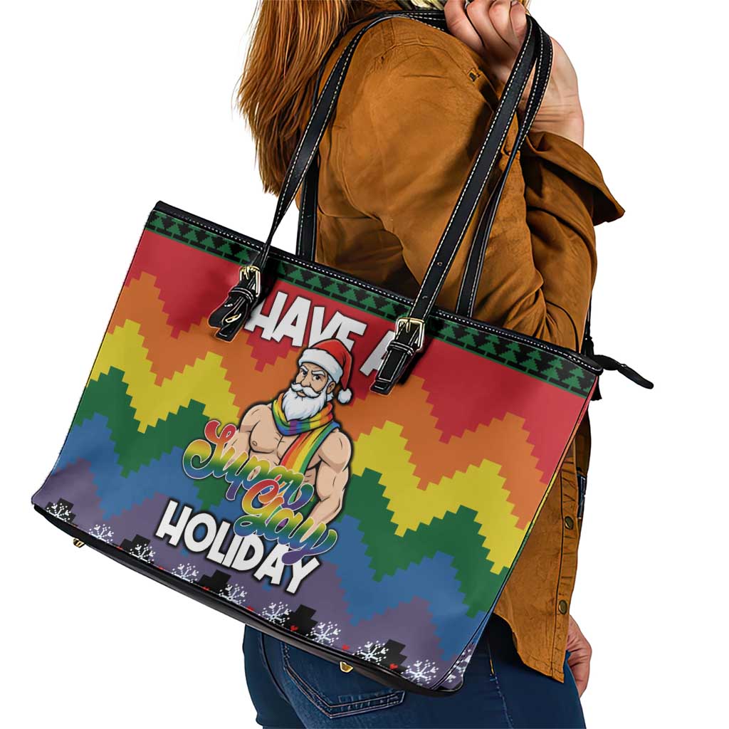 Have A Super Gay Holiday Christmas Leather Tote Bag Xmas Holiday Patterns - Wonder Print Shop