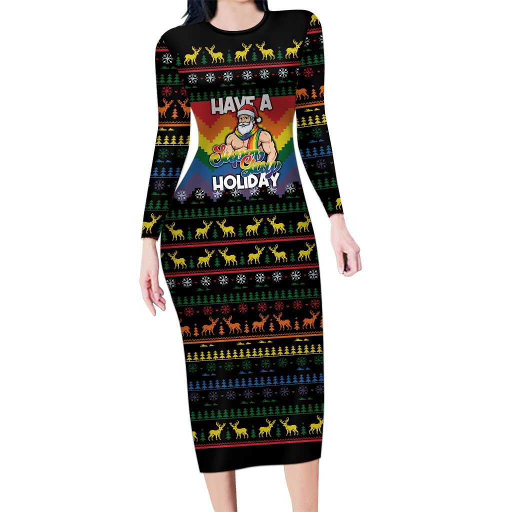 Have A Super Gay Holiday Christmas Long Sleeve Bodycon Dress Xmas Holiday Patterns - Wonder Print Shop