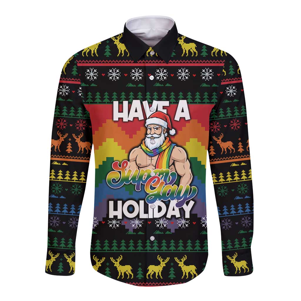 Have A Super Gay Holiday Christmas Long Sleeve Button Shirt Xmas Holiday Patterns - Wonder Print Shop
