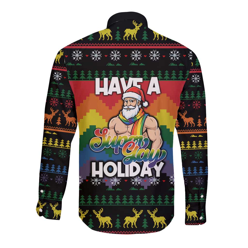 Have A Super Gay Holiday Christmas Long Sleeve Button Shirt Xmas Holiday Patterns - Wonder Print Shop
