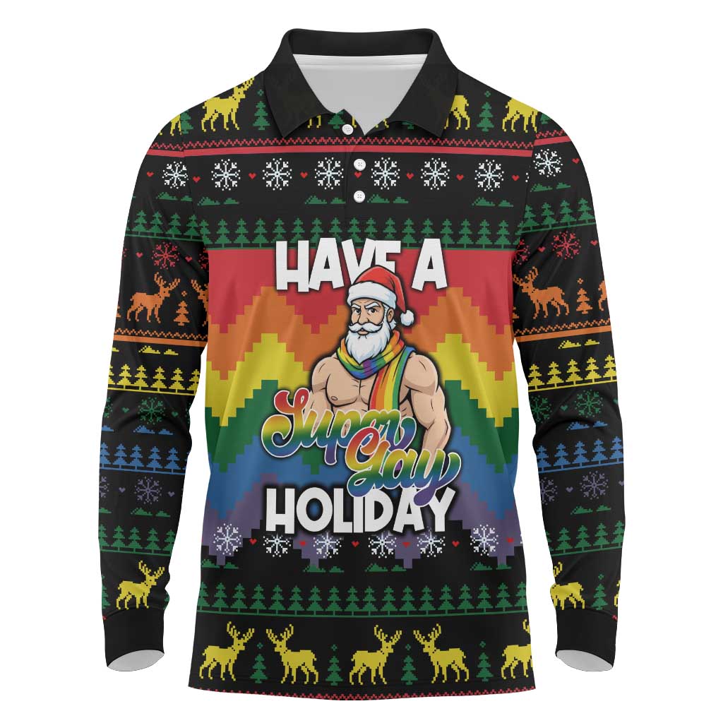 Have A Super Gay Holiday Christmas Long Sleeve Polo Shirt Xmas Holiday Patterns - Wonder Print Shop
