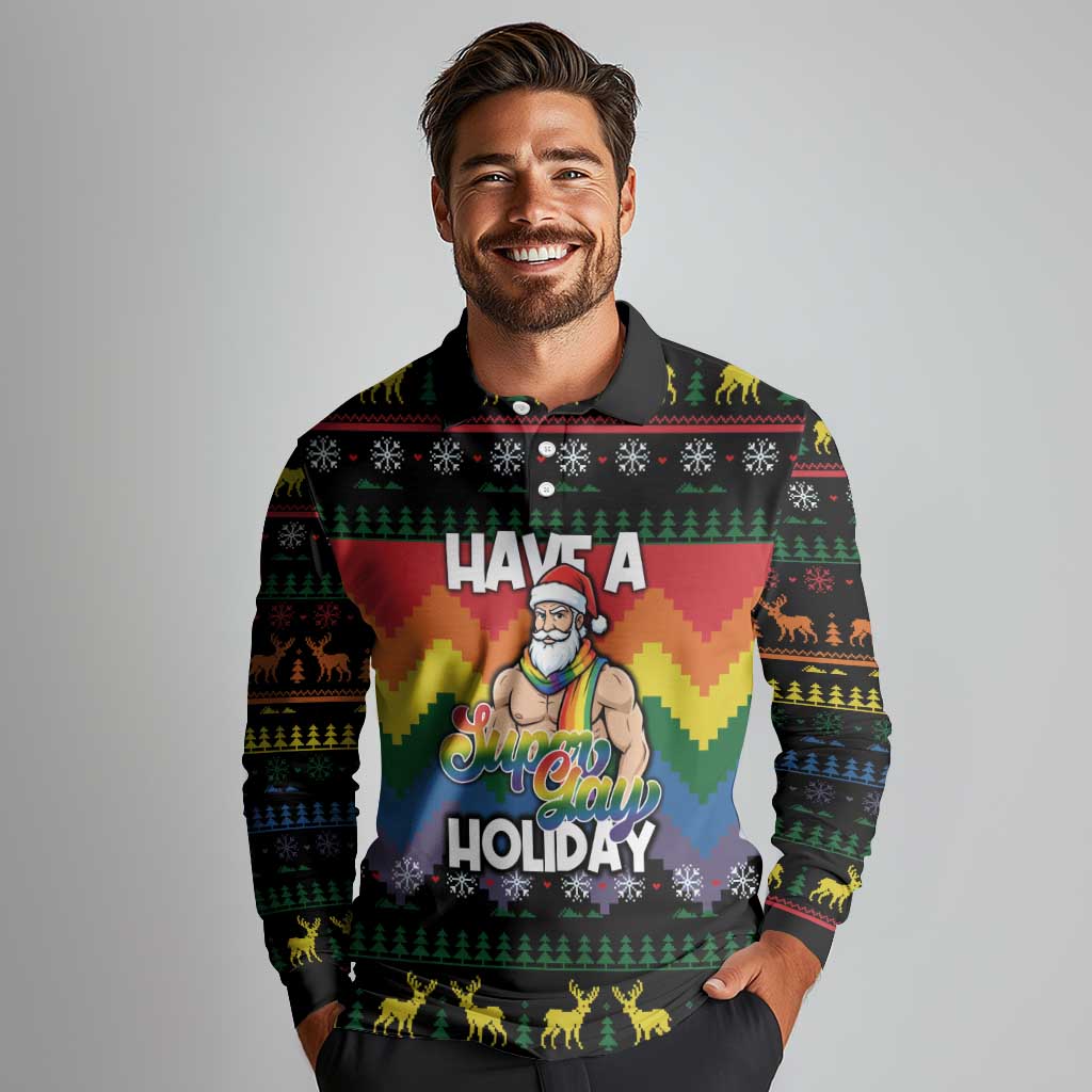 Have A Super Gay Holiday Christmas Long Sleeve Polo Shirt Xmas Holiday Patterns - Wonder Print Shop