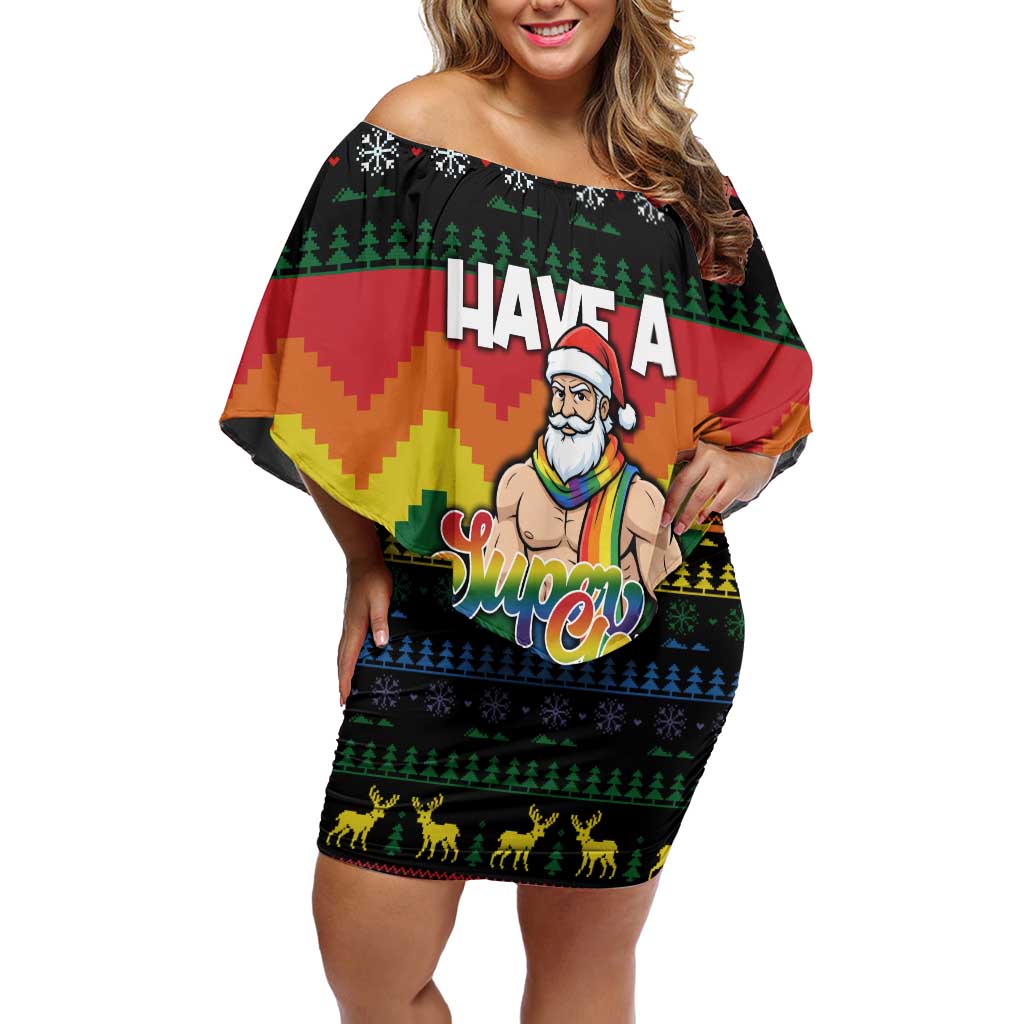 Have A Super Gay Holiday Christmas Off Shoulder Short Dress Xmas Holiday Patterns - Wonder Print Shop