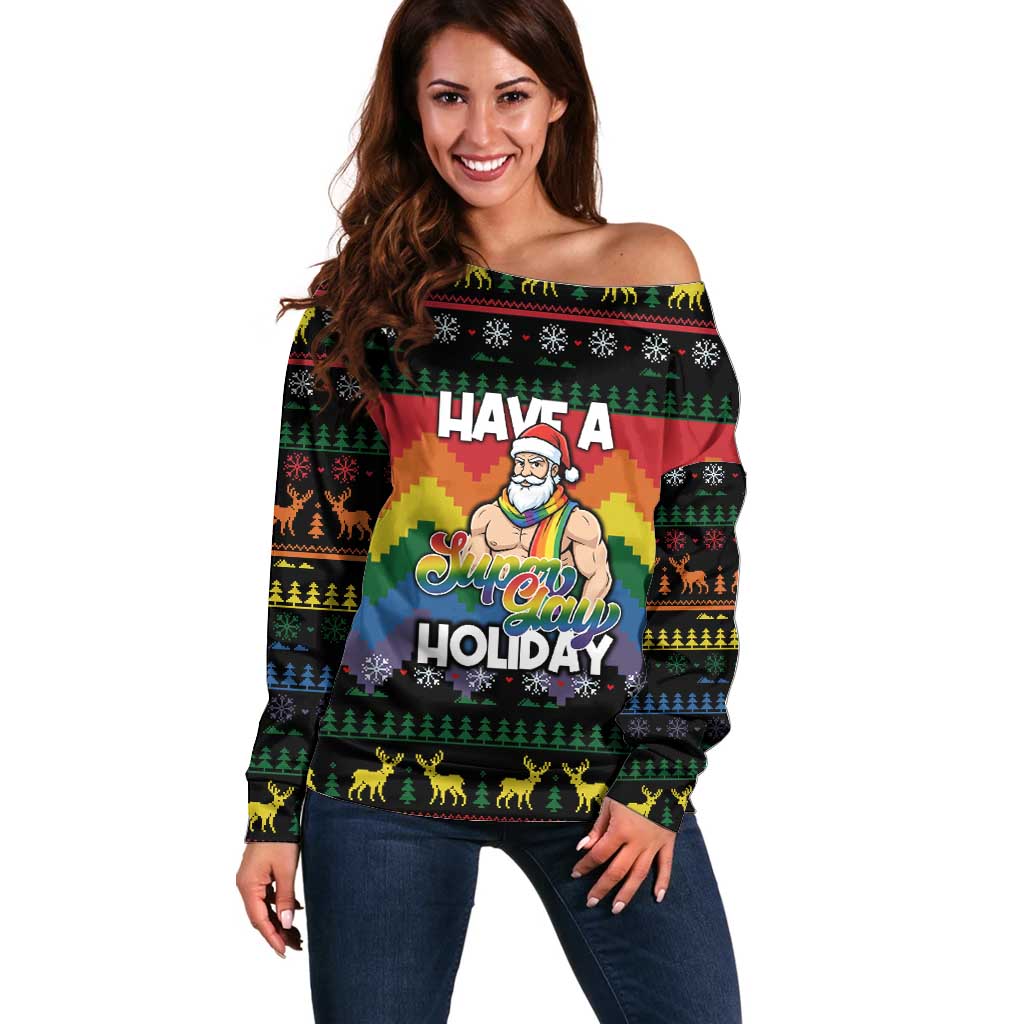 Have A Super Gay Holiday Christmas Off Shoulder Sweater Xmas Holiday Patterns - Wonder Print Shop