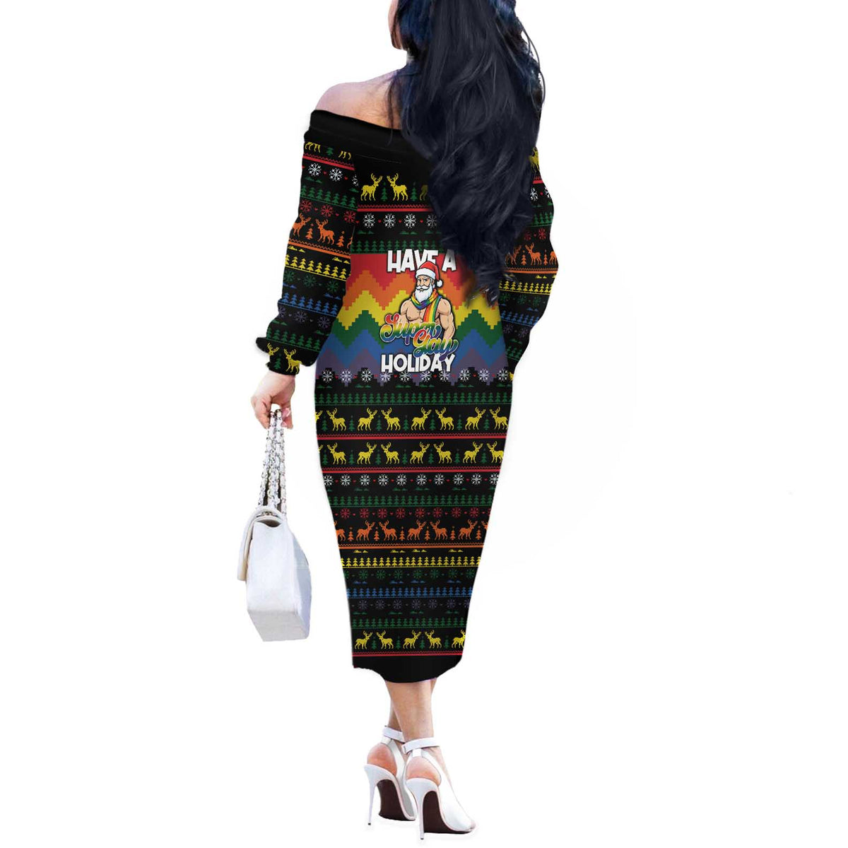 Have A Super Gay Holiday Christmas Off The Shoulder Long Sleeve Dress Xmas Holiday Patterns - Wonder Print Shop