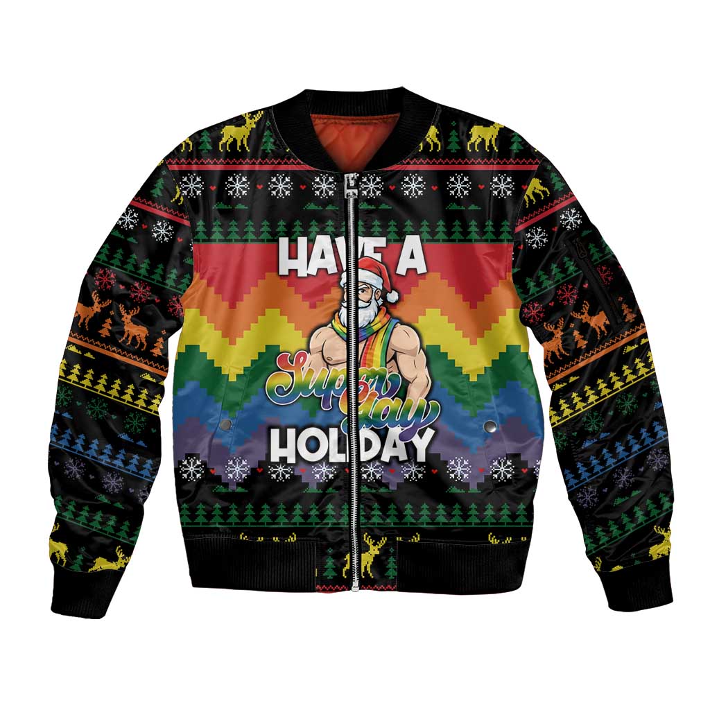 Have A Super Gay Holiday Christmas Sleeve Zip Bomber Jacket Xmas Holiday Patterns - Wonder Print Shop