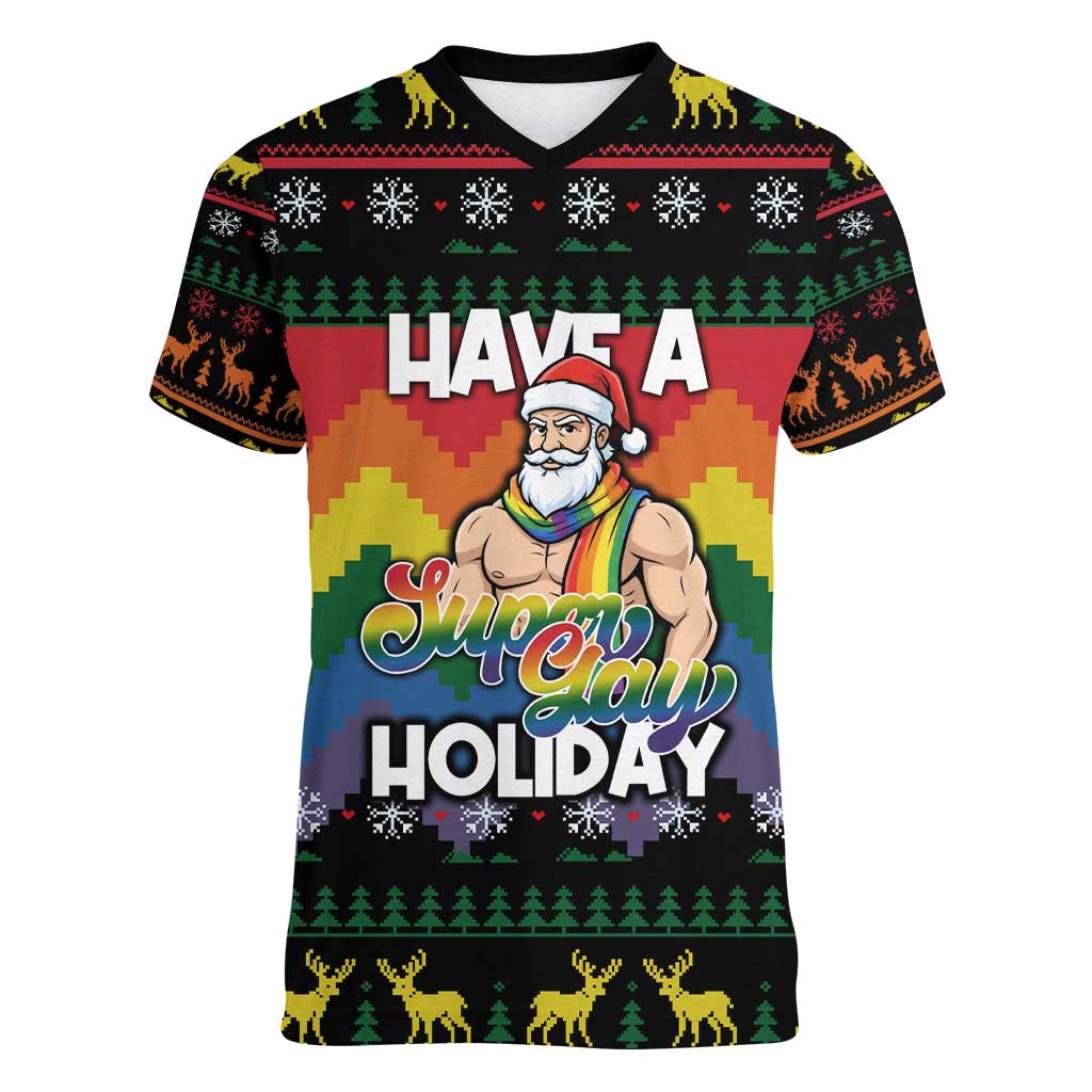 Have A Super Gay Holiday Christmas Women V-Neck T-Shirt Xmas Holiday Patterns - Wonder Print Shop