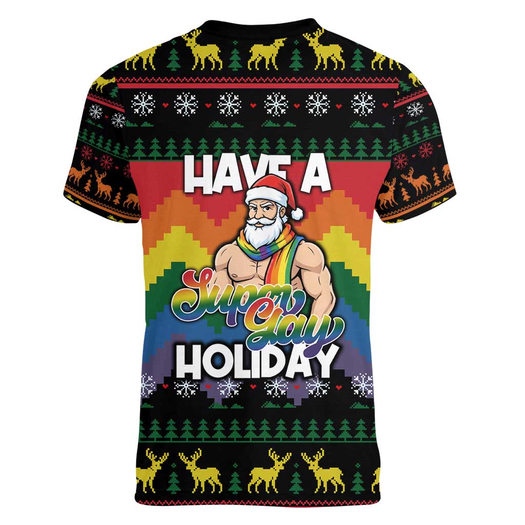 Have A Super Gay Holiday Christmas Women V-Neck T-Shirt Xmas Holiday Patterns - Wonder Print Shop
