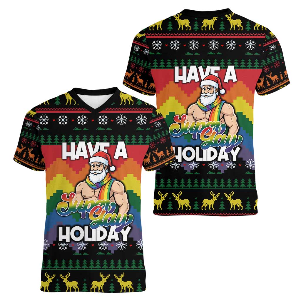 Have A Super Gay Holiday Christmas Women V-Neck T-Shirt Xmas Holiday Patterns - Wonder Print Shop