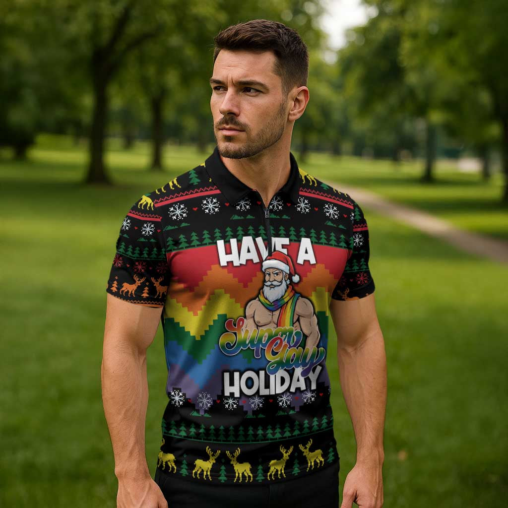 Have A Super Gay Holiday Christmas Zipper Polo Shirt Xmas Holiday Patterns - Wonder Print Shop
