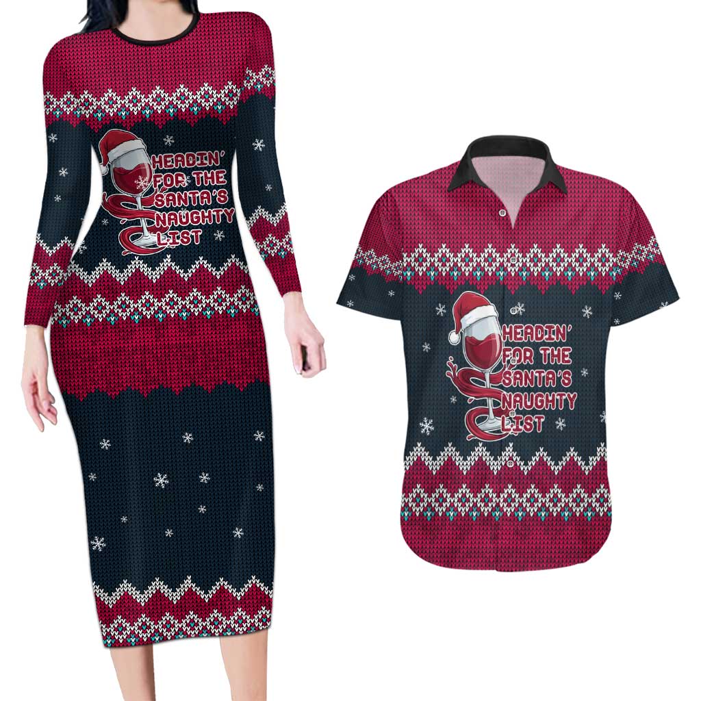 Headin For Santas Naughty Christmas Christmas Couples Matching Long Sleeve Bodycon Dress and Hawaiian Shirt Xmas Holiday Patterns - Wonder Print Shop