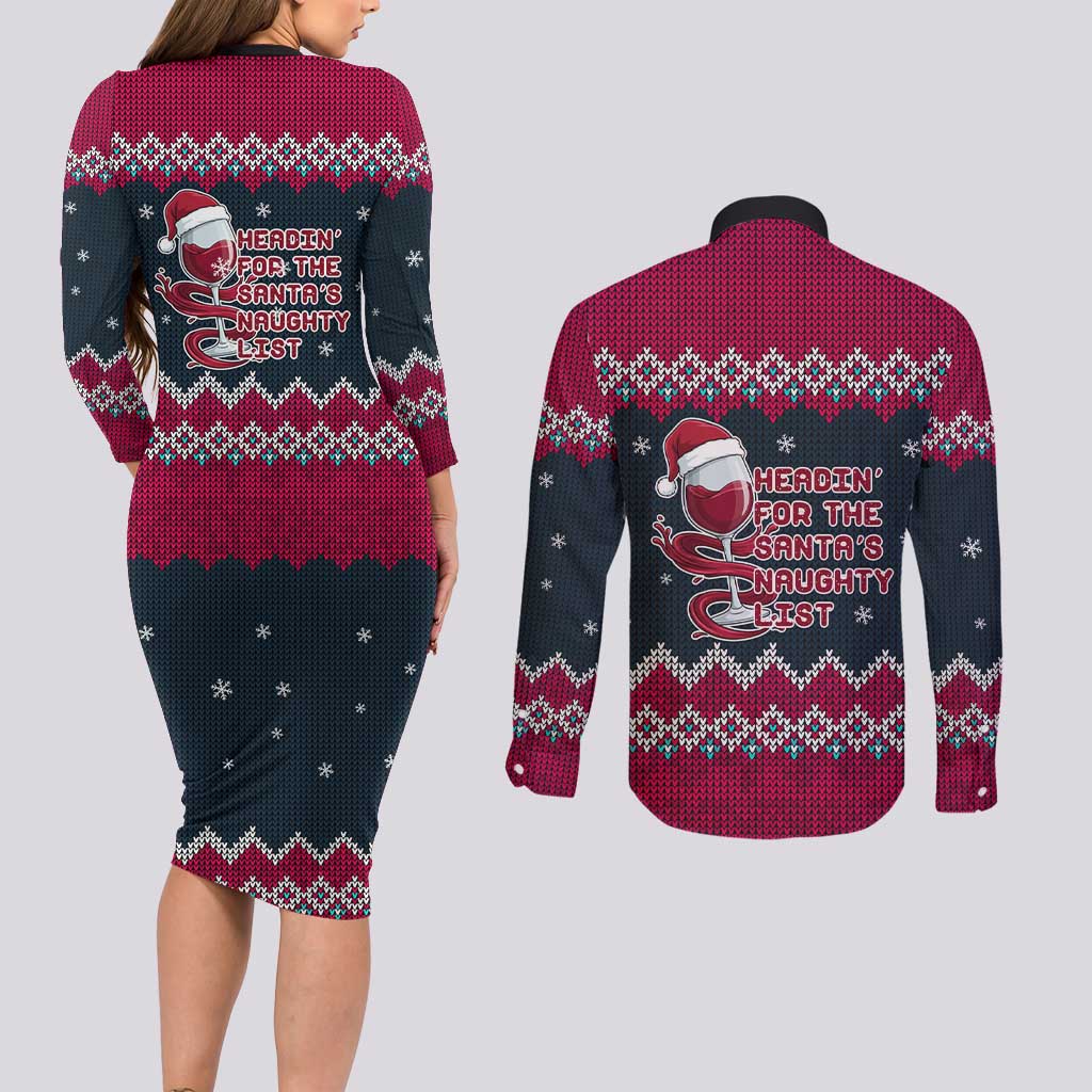 Headin For Santas Naughty Christmas Christmas Couples Matching Long Sleeve Bodycon Dress and Long Sleeve Button Shirt Xmas Holiday Patterns - Wonder Print Shop