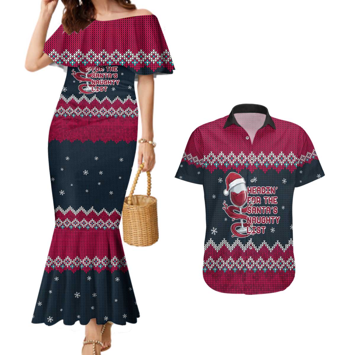 Headin For Santas Naughty Christmas Christmas Couples Matching Mermaid Dress and Hawaiian Shirt Xmas Holiday Patterns - Wonder Print Shop