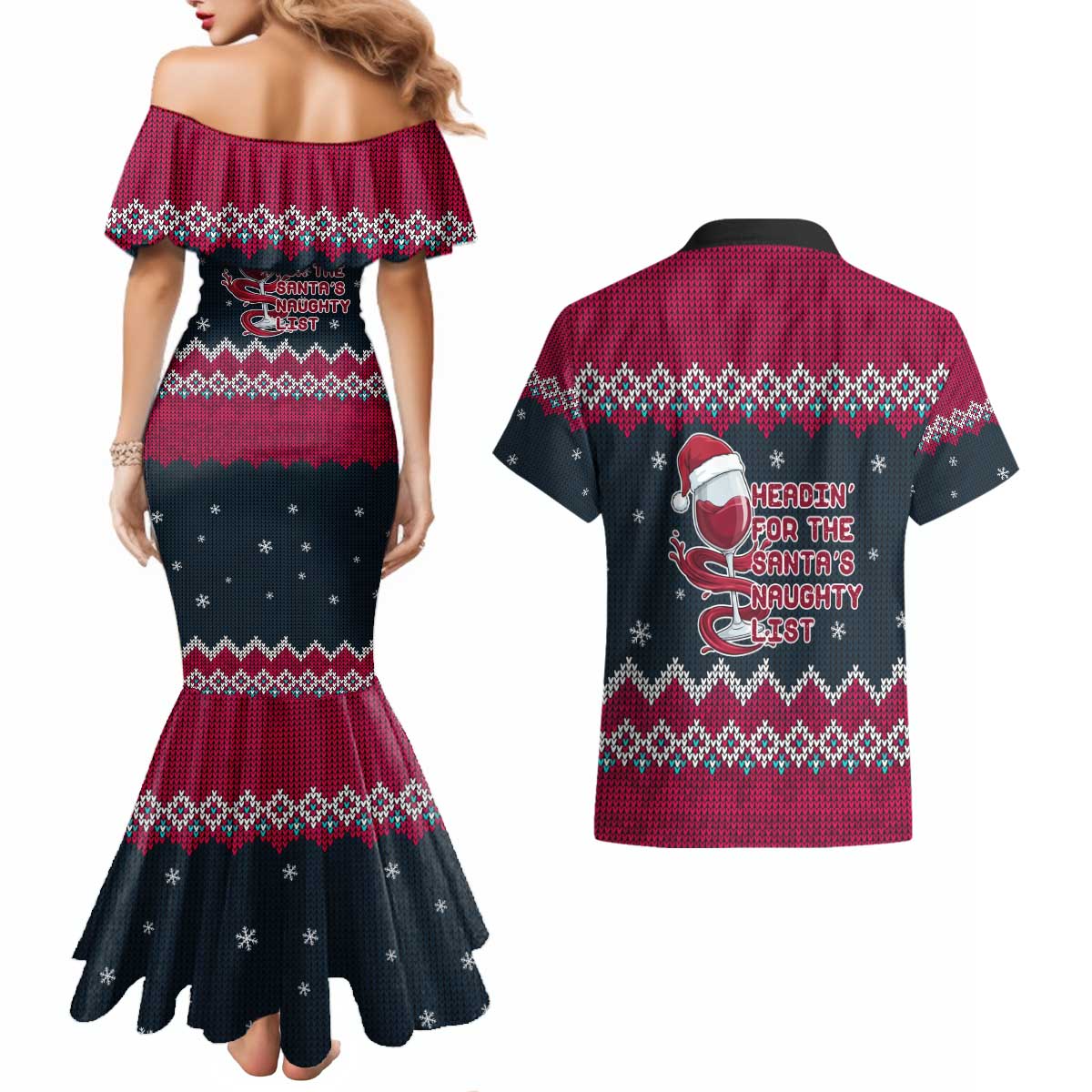 Headin For Santas Naughty Christmas Christmas Couples Matching Mermaid Dress and Hawaiian Shirt Xmas Holiday Patterns - Wonder Print Shop