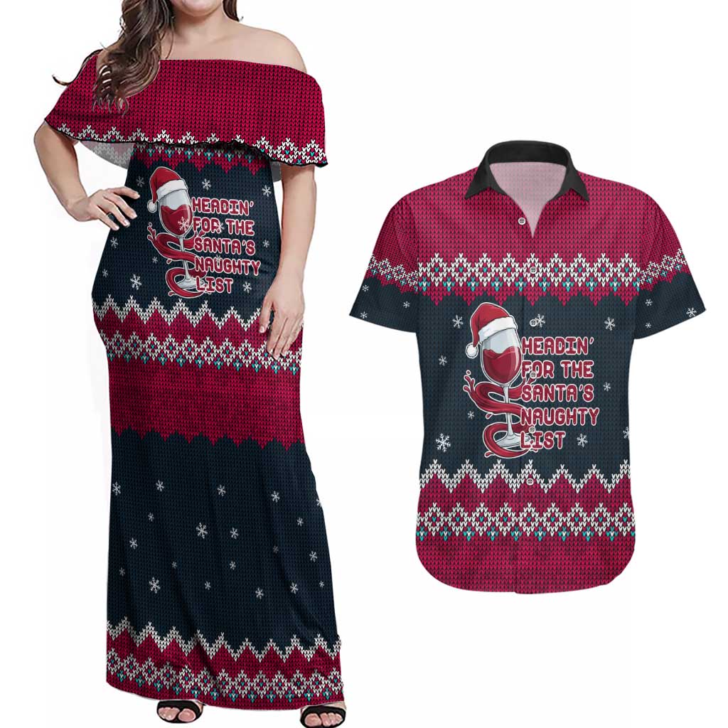 Headin For Santas Naughty Christmas Christmas Couples Matching Off Shoulder Maxi Dress and Hawaiian Shirt Xmas Holiday Patterns - Wonder Print Shop