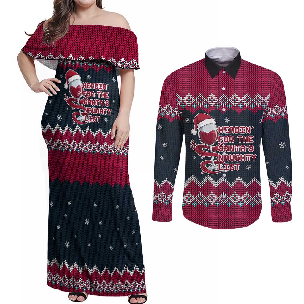 Headin For Santas Naughty Christmas Christmas Couples Matching Off Shoulder Maxi Dress and Long Sleeve Button Shirt Xmas Holiday Patterns - Wonder Print Shop