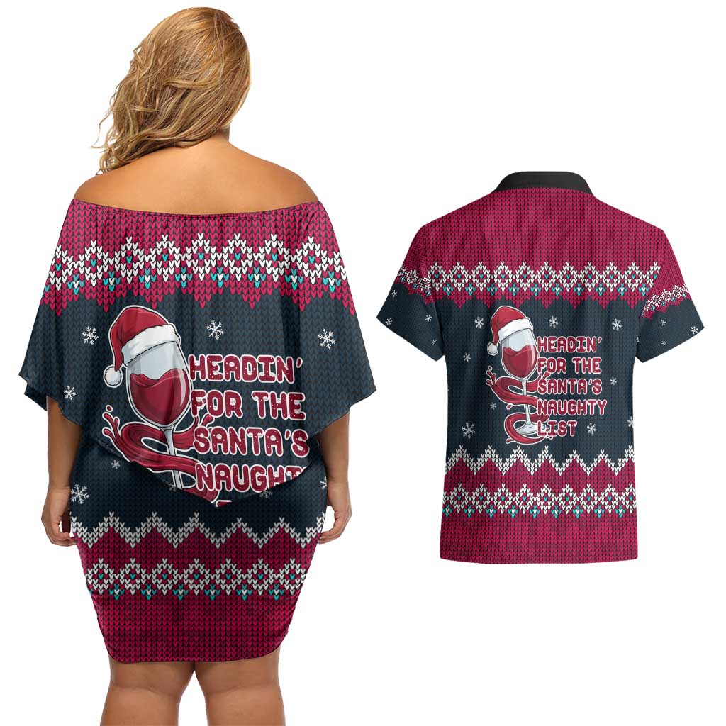 Headin For Santas Naughty Christmas Christmas Couples Matching Off Shoulder Short Dress and Hawaiian Shirt Xmas Holiday Patterns - Wonder Print Shop