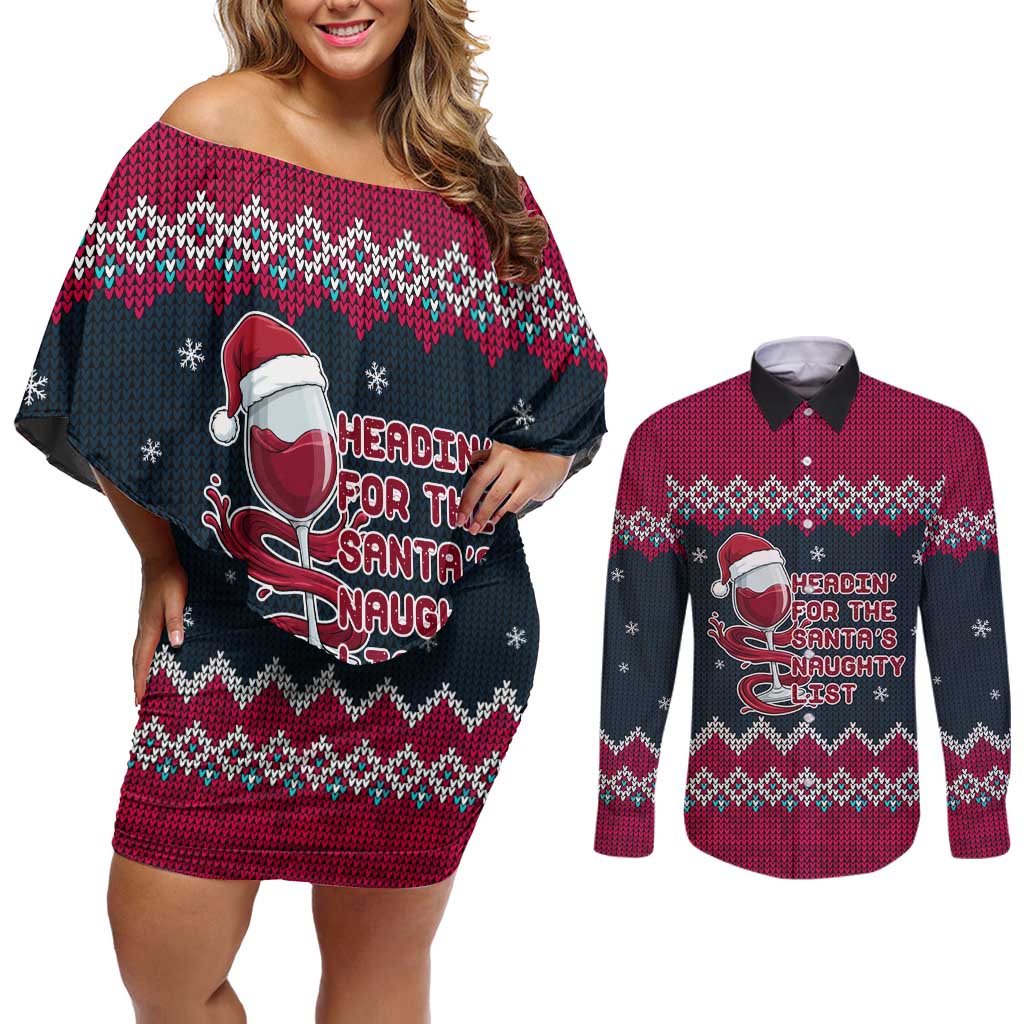 Headin For Santas Naughty Christmas Christmas Couples Matching Off Shoulder Short Dress and Long Sleeve Button Shirt Xmas Holiday Patterns - Wonder Print Shop