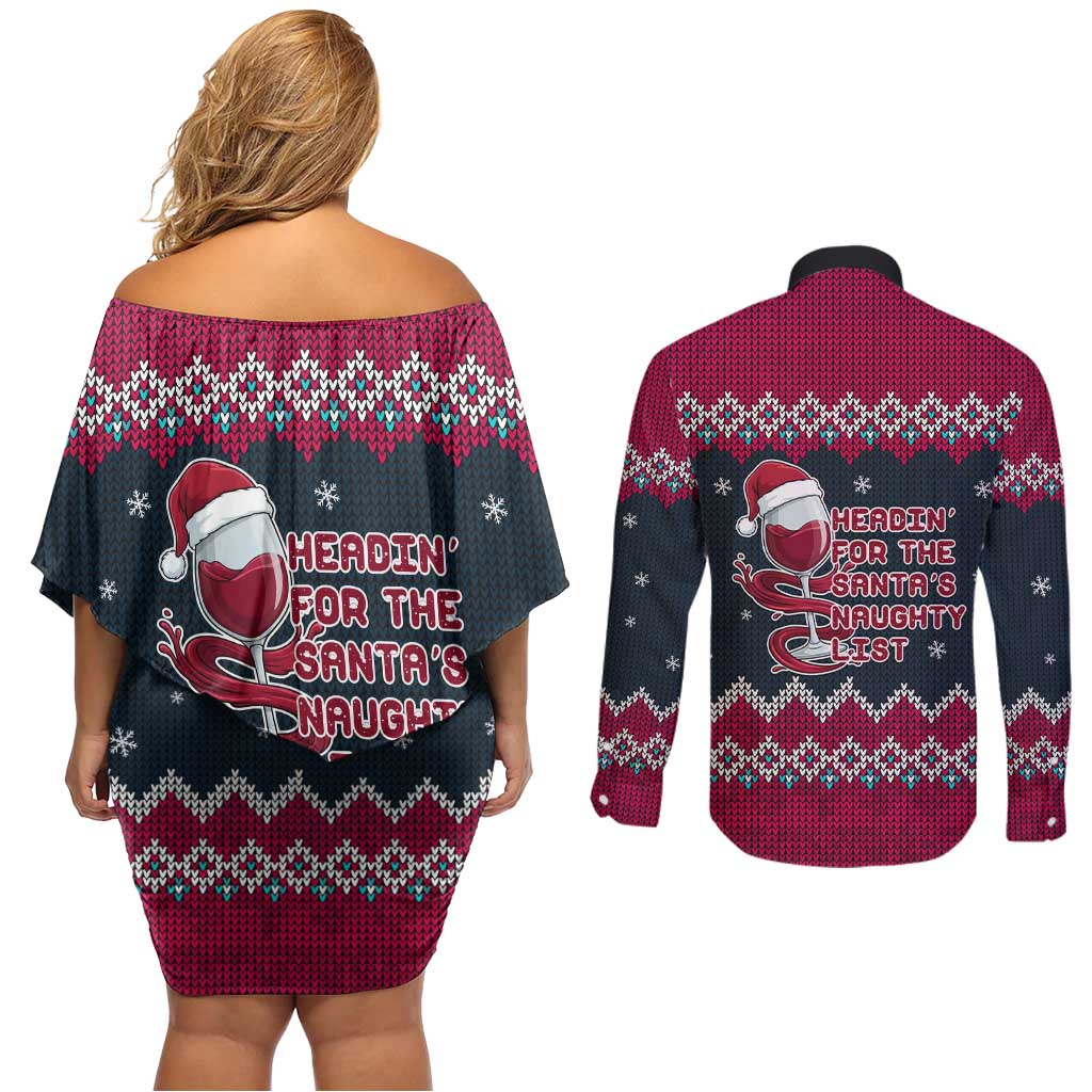 Headin For Santas Naughty Christmas Christmas Couples Matching Off Shoulder Short Dress and Long Sleeve Button Shirt Xmas Holiday Patterns - Wonder Print Shop